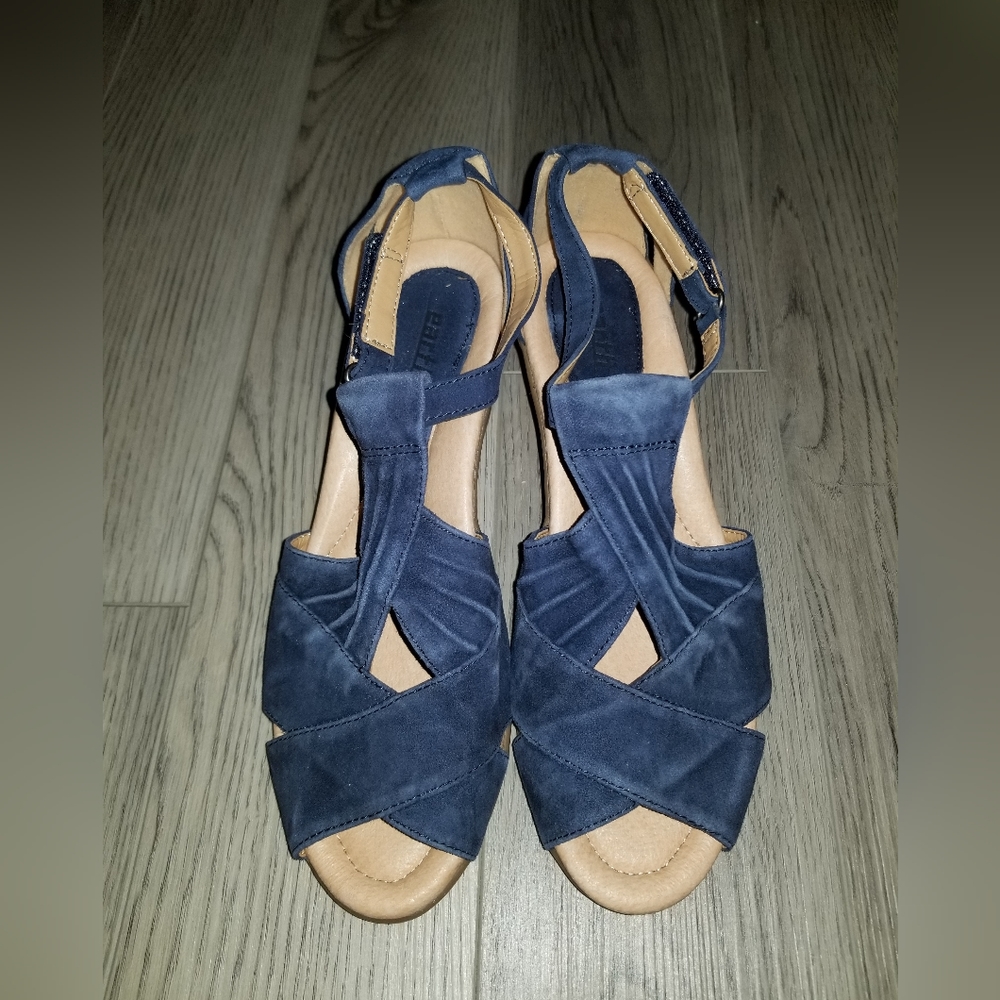 Earth Sueded-Leather Wedge Sandal with Velcro Closure-Navy Blue